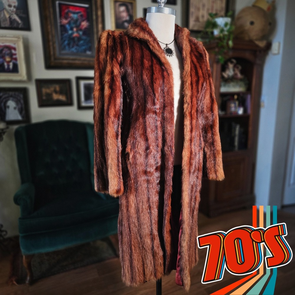 Muskrat Fur Coat Brown Long‎ Jacket Vintage 1970s Real Fur Glam Boho Winter M